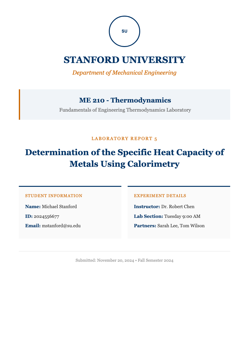 University course lab report cover page